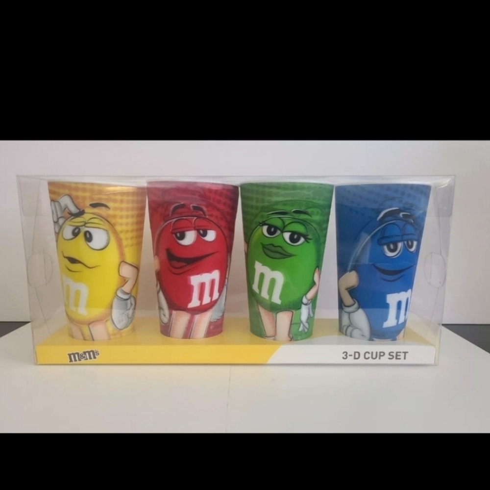 M&M’s 3D Character Cup Set 4pc Yellow Red Green Blue Candy Glasses NIB